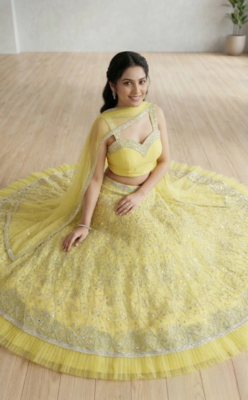 Elegant Yellow Embroidered Lehenga Choli Set with Net Dupatta 3