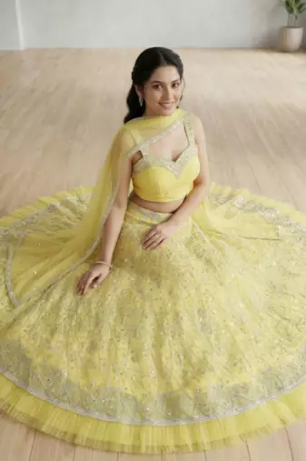 Elegant Yellow Embroidered Lehenga Choli Set with Net Dupatta