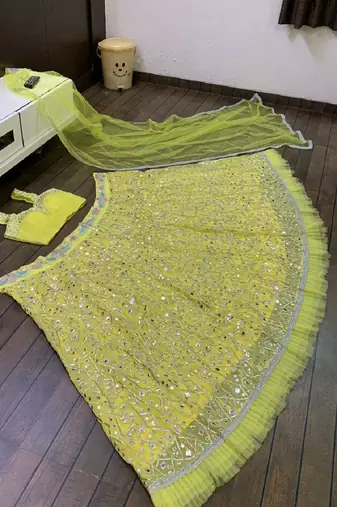 Elegant Yellow Embroidered Lehenga Choli Set with Net Dupatta