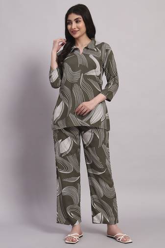 Women's Olive Green Abstract Print Rayon Co-ord Set | Stylish Collar Neck Tunic with Trousers Loungewear | Co Ord Set