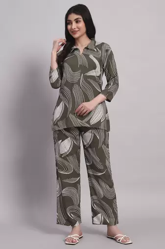 Women's Olive Green Abstract Print Rayon Co-ord Set | Stylish Collar Neck Tunic with Trousers Loungewear | Co Ord Set