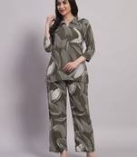 Women's Olive Green Abstract Print Rayon Co-ord Set | Stylish Collar Neck Tunic with Trousers Loungewear | Co Ord Set
