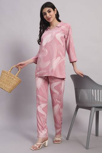 Women's Pink abstract print rayon co-ord set | stylish collar neck tunic with trousers loungewear | co ord set