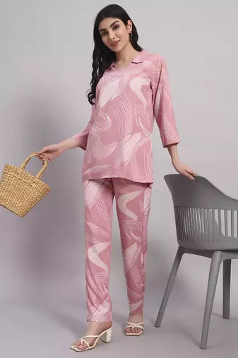 Women's Pink abstract print rayon co-ord set | stylish collar neck tunic with trousers loungewear | co ord set