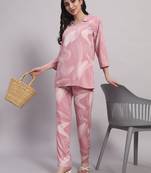 Women's Pink abstract print rayon co-ord set | stylish collar neck tunic with trousers loungewear | co ord set