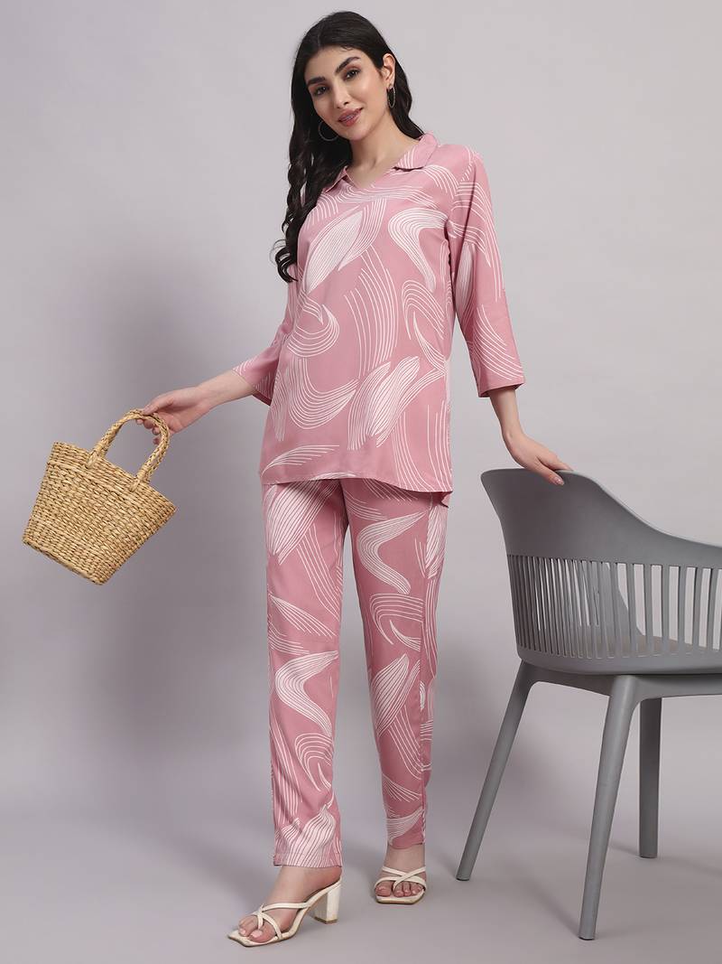 Women's Pink abstract print rayon co-ord set | stylish collar neck tunic with trousers loungewear | co ord set