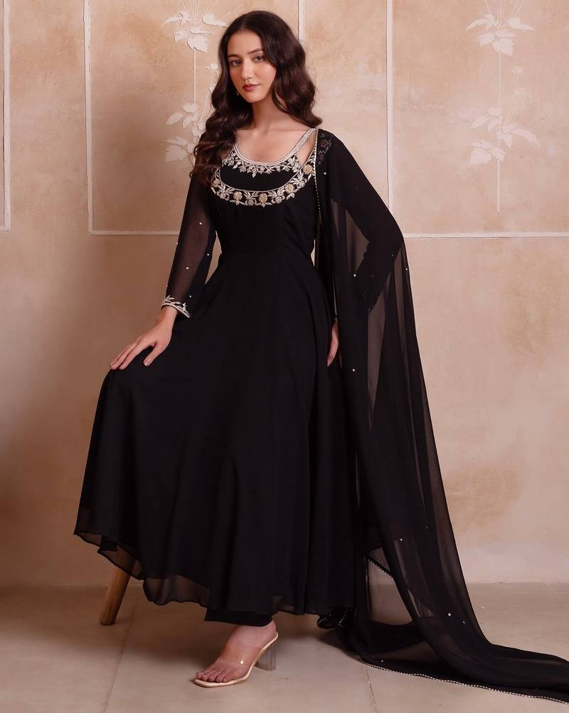 Black georgette handwork anarkali suit set