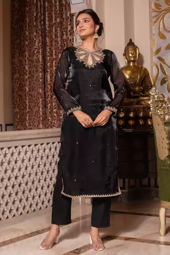 Black organza pakistani handwork suit set
