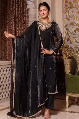 Black organza pakistani handwork suit set
