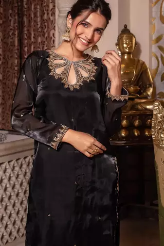 Black organza pakistani handwork suit set