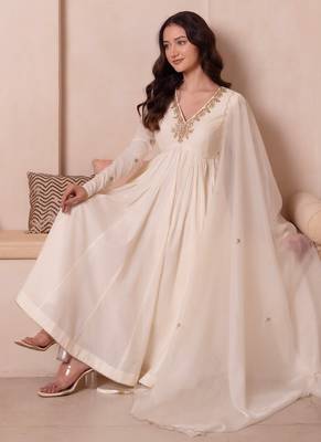 Cream white handwork cotton anarkali suit set 1
