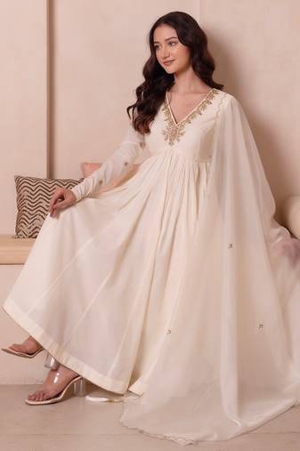 Cream white handwork cotton anarkali suit set
