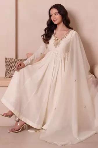 Cream white handwork cotton anarkali suit set
