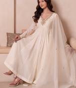 Cream white handwork cotton anarkali suit set