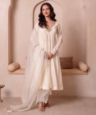 Cream white handwork cotton anarkali suit set 2
