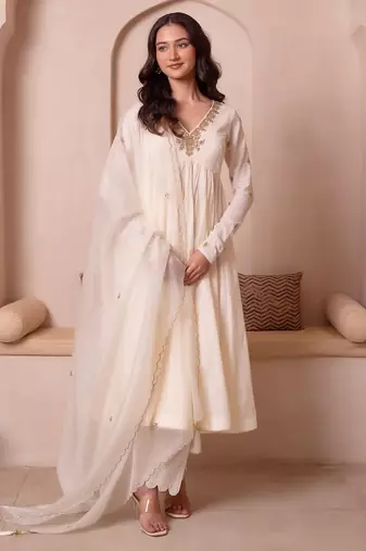 Cream white handwork cotton anarkali suit set