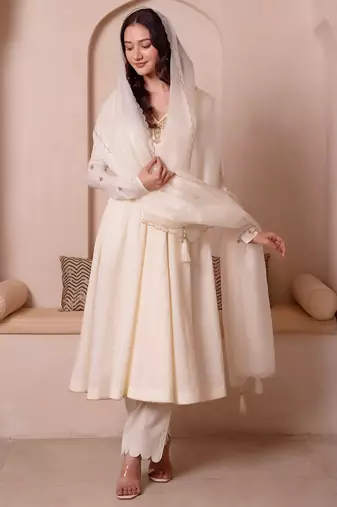 Cream white handwork cotton anarkali suit set