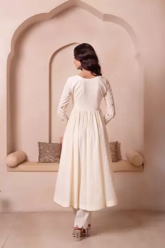 Cream white handwork cotton anarkali suit set