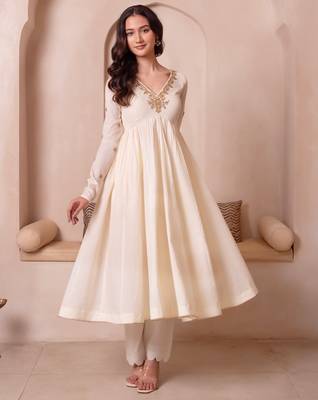 Cream white handwork cotton anarkali suit set 5