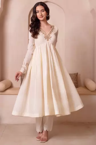 Cream white handwork cotton anarkali suit set