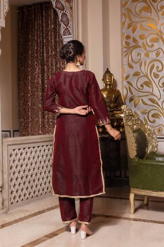 Dark maroon handwork pakistani silk kurta set
