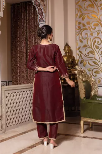 Dark maroon handwork pakistani silk kurta set
