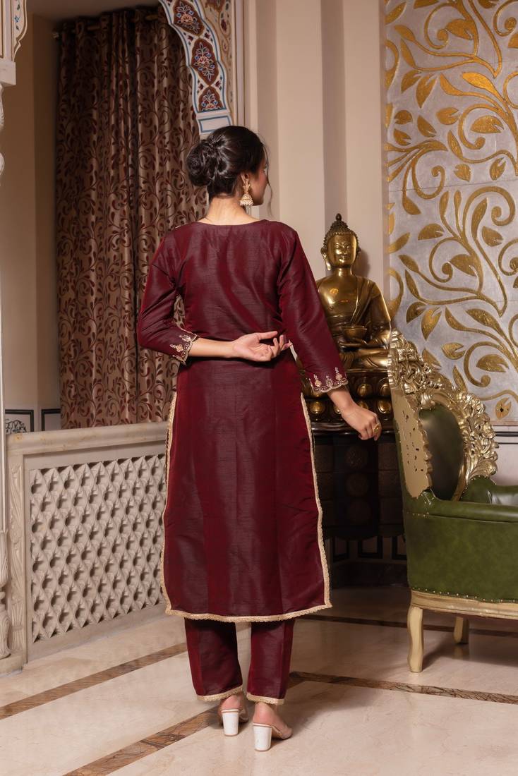 Dark maroon handwork pakistani silk kurta set