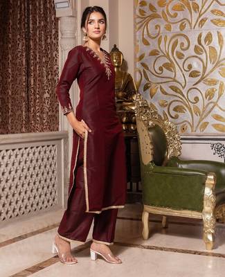 Dark maroon handwork pakistani silk kurta set 2