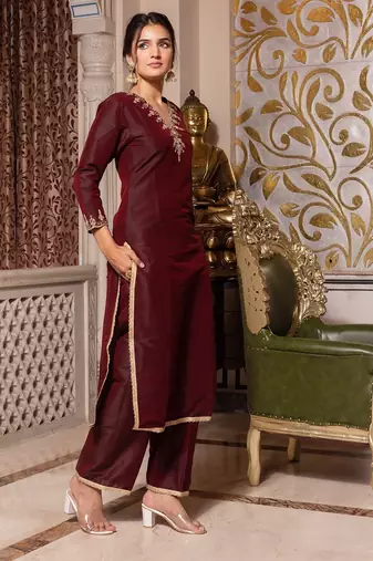 Dark maroon handwork pakistani silk kurta set
