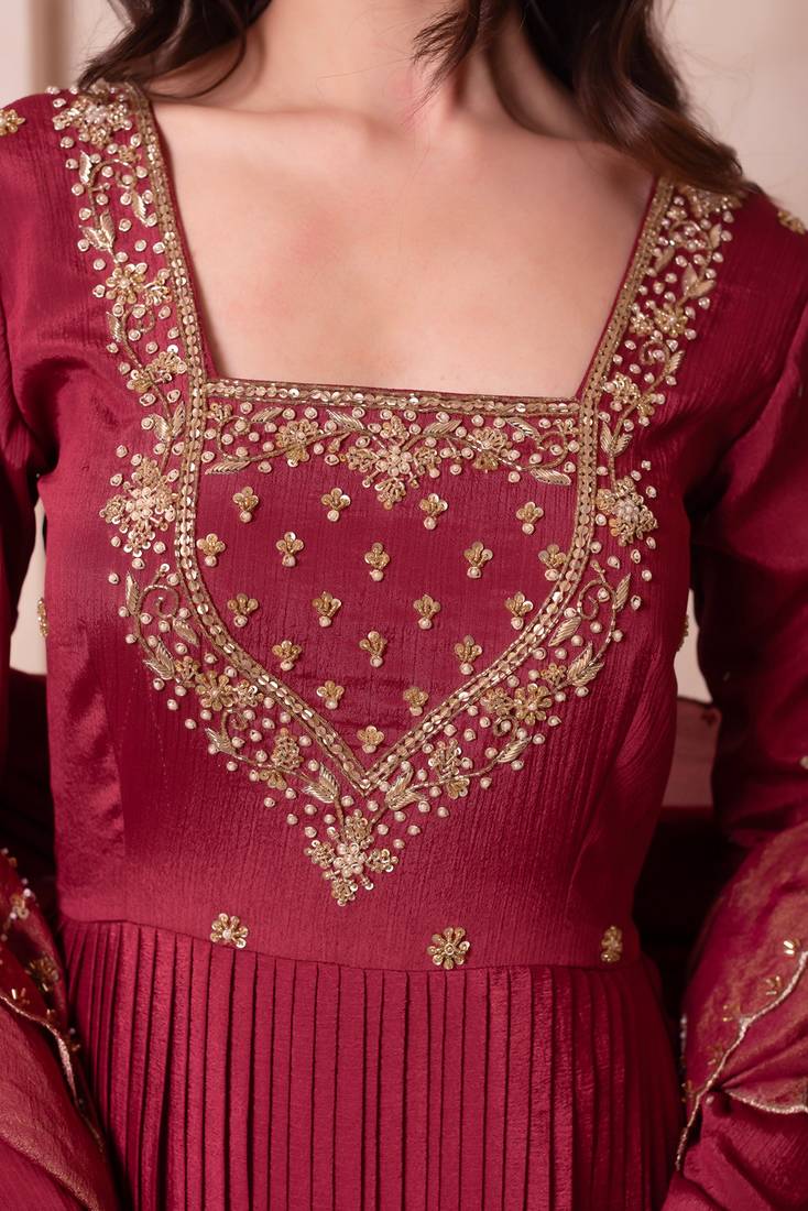 Rosegold chinon trousseau handwork anarkali suit set