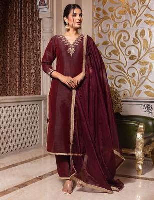 Dark maroon handwork pakistani silk kurta set 3