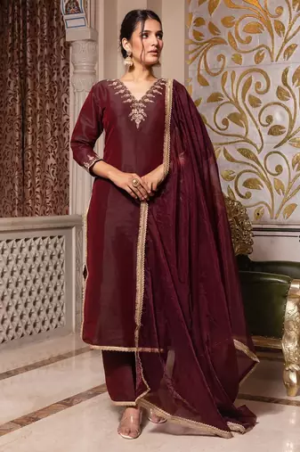 Dark maroon handwork pakistani silk kurta set