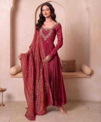 Rosegold chinon trousseau handwork anarkali suit set 3