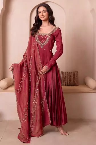 Rosegold chinon trousseau handwork anarkali suit set