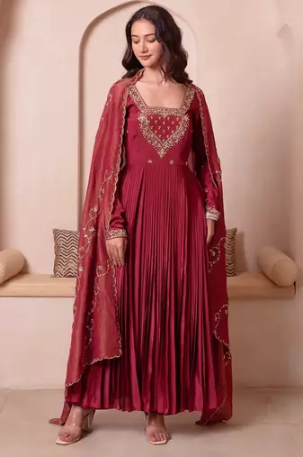 Rosegold chinon trousseau handwork anarkali suit set