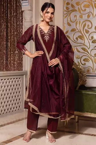 Dark maroon handwork pakistani silk kurta set