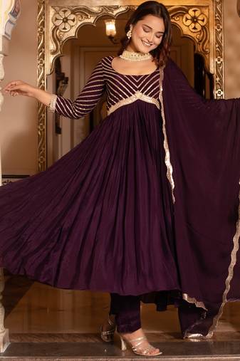 Purple sequined chinon anarkali suit set