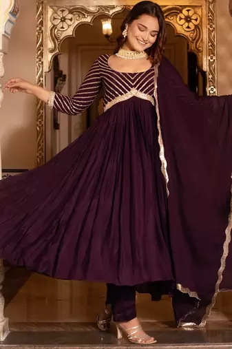 Purple sequined chinon anarkali suit set