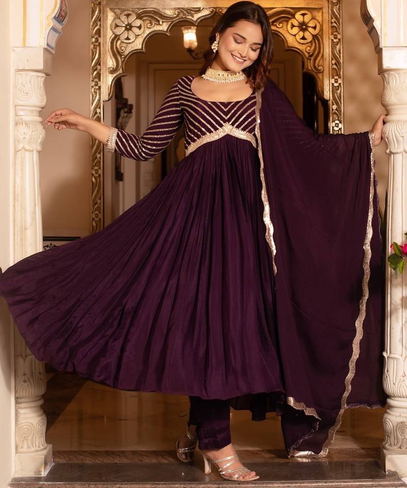 Purple sequined chinon anarkali suit set