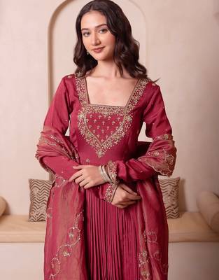 Rosegold chinon trousseau handwork anarkali suit set 5
