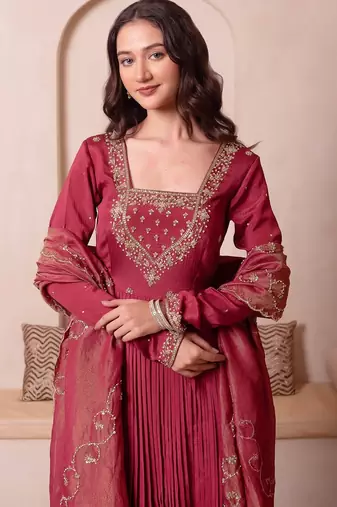 Rosegold chinon trousseau handwork anarkali suit set