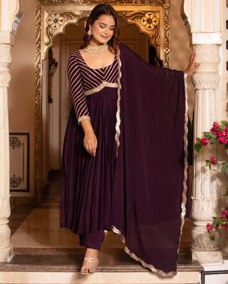 Purple sequined chinon anarkali suit set 2