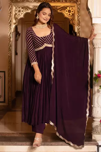 Purple sequined chinon anarkali suit set