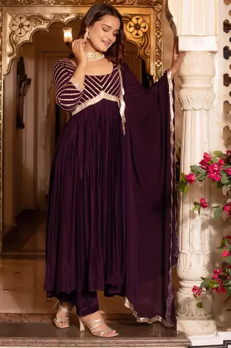 Purple sequined chinon anarkali suit set