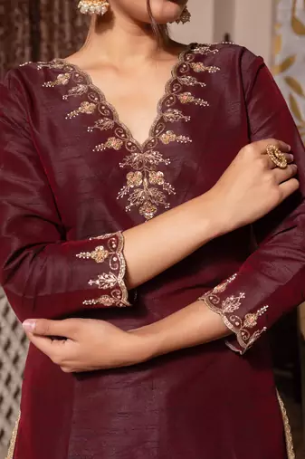 Dark maroon handwork pakistani silk kurta set