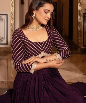 Purple sequined chinon anarkali suit set 4