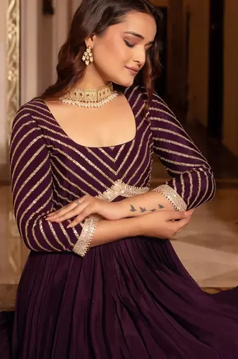 Purple sequined chinon anarkali suit set