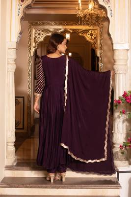 Purple sequined chinon anarkali suit set 5