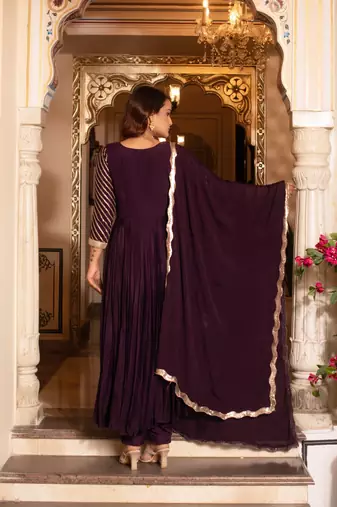 Purple sequined chinon anarkali suit set