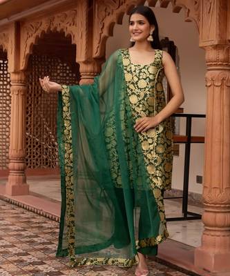 Green jacquard straight suit set 1